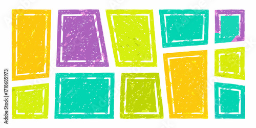 Colorful hand drawn rectangles and squares with white borders on a white background