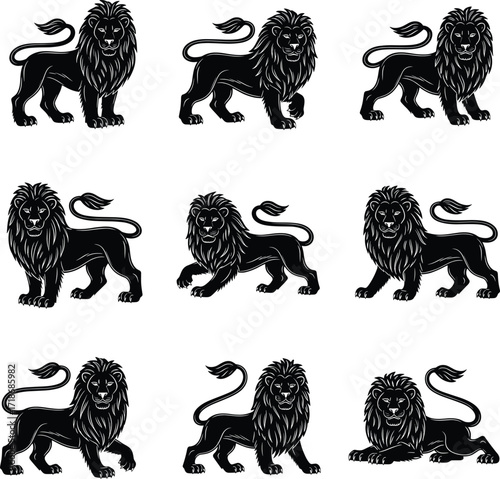 Heraldic lion silhouette vector, black animal emblem, medieval symbol, royal creature pose, vintage illustration set, majestic beast, graphic design elements