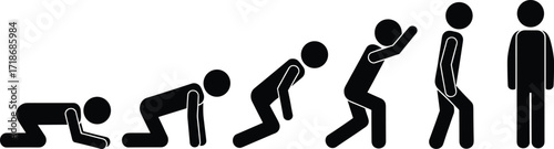 Human evolution silhouette, crawling to upright posture, growth stages, development concept, progress journey, black vector figures, isolated illustration, symbolic transformation, abstract motion