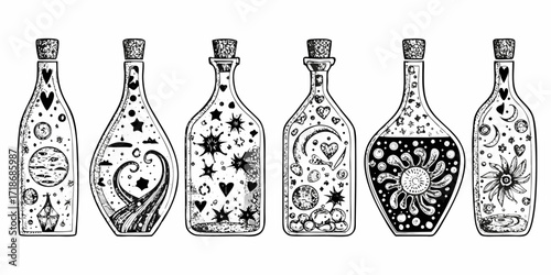 Collection of six whimsical hand drawn glass bottles filled with celestial and magical elements