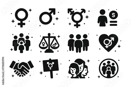 Gender Equality Icons. Gender Equality. Solid icons set of female symbol, male symbol, gender-neutral symbol, equal pay, diverse workplace, balance scale,