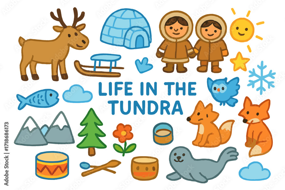Naklejka premium Tundra Life Doodles. Colorful Hand-drawn doodle Children illustration Life in the Tundra [reindeer, igloo, sled, fish, snowflake, owl, fox, cloud, sun,