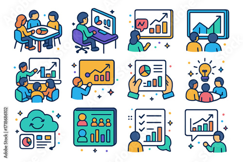 Analytics Team Icons. Colorful isometric vector icons set of team collaboration in analytics: team discussion chart, analyst at desk, screen sharing with
