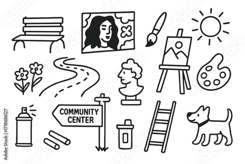 Public Art Illustration. Hand-drawn doodle illustration [Art in public spaces] [park bench, mural wall, brush, easel, sculpture, walking path, flowers, spray