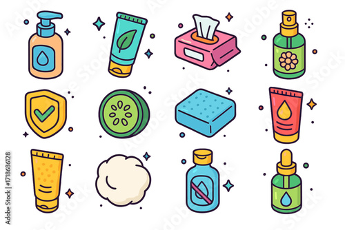 Sensitive Skin Icons. Colorful isometric vector icons set of sensitive skin removal routine: hypoallergenic cleanser, aloe gel, fragrance-free wipe, chamomile