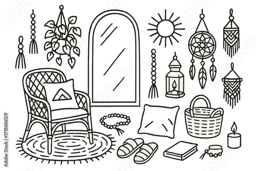 Boho Doodle Decor. Hand-drawn doodle illustration Boho mirror corner [arched mirror, rattan chair, woven rug, hanging plant, sunburst decor, tassel,