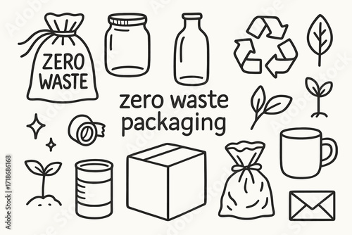 Zero Waste Doodles. Hand-drawn doodle illustration Zero waste packaging [cloth bag, glass jar, bottle, can, cardboard box, paper wrap, recycling symbol, leaf,