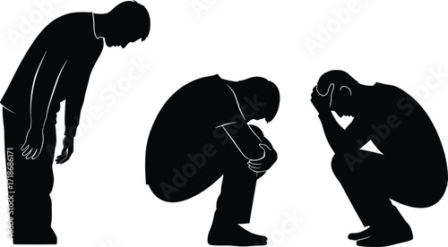 Sad silhouette man, emotional pain posture, depression body language, mental health vector, anxiety illustration, despair concept, psychological stress pose, therapy content design