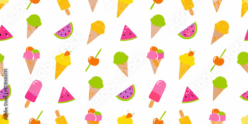 Vibrant summer treat pattern featuring ice cream cones popsicles and watermelon slices