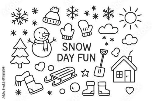 Snow Day Doodle. Hand-drawn doodle illustration Snow day fun [snowflake, snowman, hat, scarf, mittens, boots, sled, shovel, pine tree, snowball, cloud, sun,
