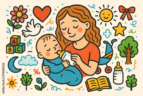 Mother Feeding Baby. Nurturing. Colorful Hand-drawn doodle Children illustration mother feeding baby, heart, flower, baby bottle, star, ribbon, toy blocks,