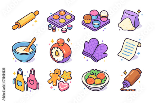 Isometric Cooking Icons. Colorful isometric vector icons set of Family cooking evening: rolling pin, mini pizza station, cupcake tray, flour spill, mixing