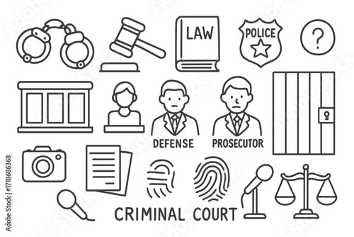 Court Elements Doodle. Hand-drawn doodle illustration Criminal court scene handcuffs, gavel, law book, police badge, court bench, witness icon, defense lawyer,