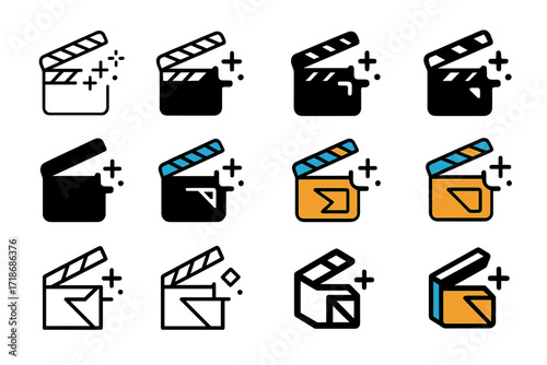 Clapperboard Logo Variations. Set Logo of Content Series Branding: clapperboard with digital spark. Logo set in vector style, emblematic variations. line, bold