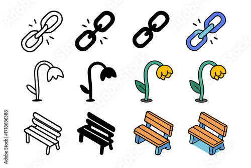 Fading Bonds Icons. Icon Set of Fading Bonds: Broken chain, Wilted flower, Empty bench. Icons set in vector style, emblematic variations. Broken chain line,