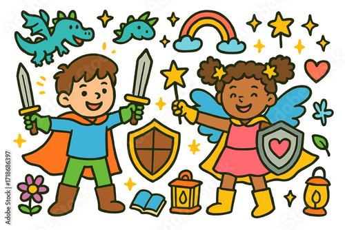 Fantasy Cosplay Adventure. Colorful Hand-drawn doodle Children illustration Fantasy Duo Cosplay sword, shield, cape, boots, gloves, wings, dragon, star,