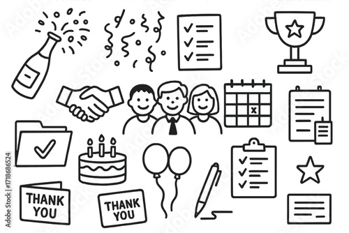Project Completion Celebration. Hand-drawn doodle illustration project closure celebration champagne bottle, confetti, checklist, trophy, handshake, smiling