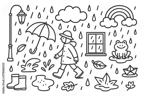 Rainy Street Doodle. Hand-drawn doodle illustration Rainy street Umbrella, raindrops, puddle, cloud, streetlamp, person, boots, raincoat, hat, water splash,