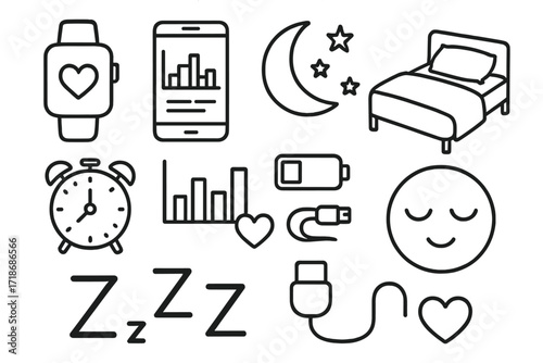 Sleep Tracker Doodle. Hand-drawn doodle illustration Using sleep tracker basics [smartwatch, smartphone, bed, pillow, blanket, moon, stars, alarm clock, graph,