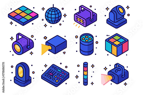 Dance Floor Lighting Icons. Colorful isometric vector icons set of Dance Floor Lights: LED floor tile, disco ball, strobe light, moving head light, color spot