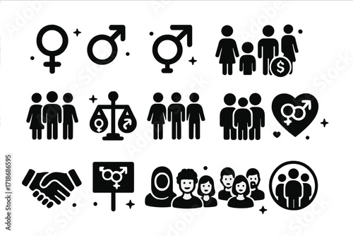 Gender Equality Icons. Gender Equality. Solid icons set of female symbol, male symbol, gender-neutral symbol, equal pay, diverse workplace, balance scale,