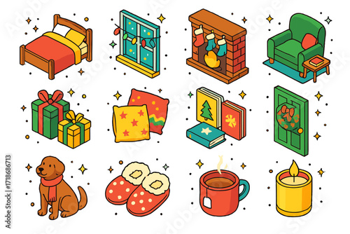 Holiday Home Icons. Colorful isometric vector icons set of holiday home scene: cozy bed, holiday lights on window, fireplace with stockings, reading nook,