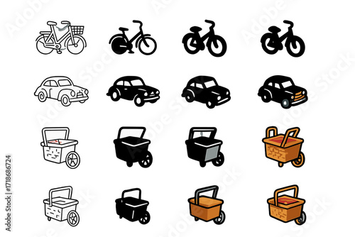 Vintage Picnic Transport Icons. Icon Set of Vintage picnic transport: retro bicycle, classic car, wicker picnic cart. Icons set in vector style, emblematic