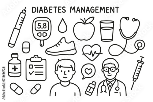 Diabetes Management Doodle Icons. Hand-drawn doodle illustration Diabetes management Insulin pen, glucose meter, blood drop, apple, water glass, exercise shoe,
