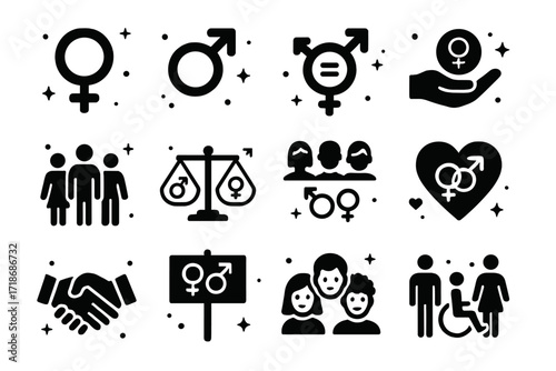 Symbols of Equality. Gender Equality. Solid icons set of female symbol, male symbol, gender-neutral symbol, equal pay, diverse workplace, balance scale, group