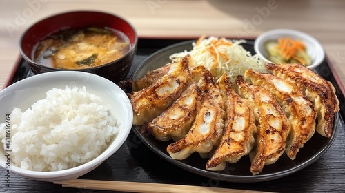 Gyoza set meal with rice, miso soup, and dipping sauce