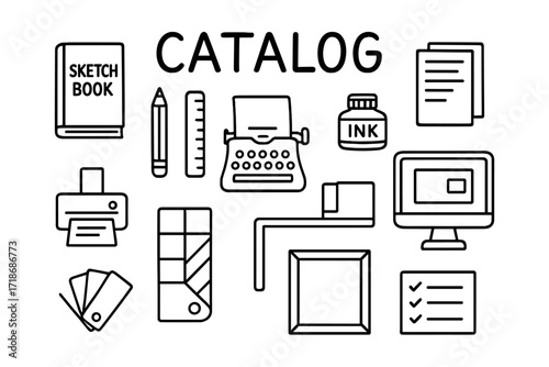 Creative Design Tools Outline. Print Design. Hand-drawn doodle illustration catalog cover, sketchbook, pencil, ruler, paper stack, ink bottle, typewriter,