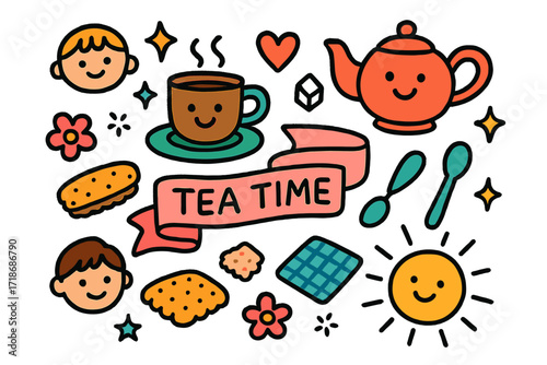 Tea Time Doodles. Colorful Hand-drawn doodle Children illustration Tea Time with Coasters tea mug, saucer, coaster, teapot, sugar cube, spoon, heart, sparkles,