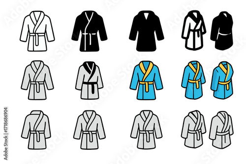 Spa Robe Logo Variations. Set Logo of Spa Robes: Terry cloth wrap robe. Logo set in vector style, emblematic variations. line, bold thick line, solid black