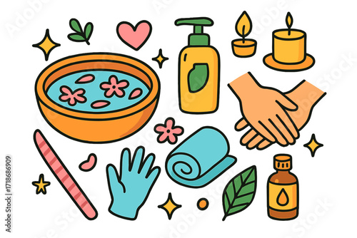 Spa Essentials Doodle. Spa Treatment. Colorful Hand-drawn doodle Children illustration bowl with water, flower petals, lotion bottle, candle, towel, massage