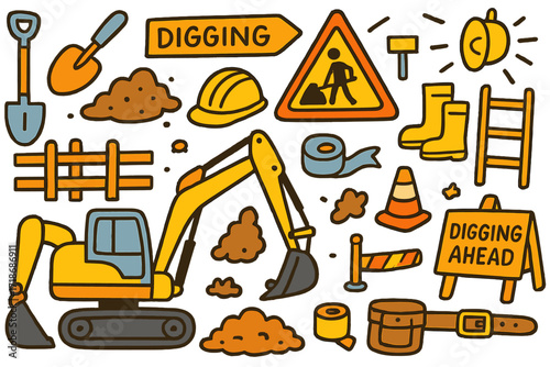 Children's Excavation Adventure. Colorful Hand-drawn doodle Children illustration Excavation Area Digging Ahead excavator, shovel, dirt pile, boots, warning