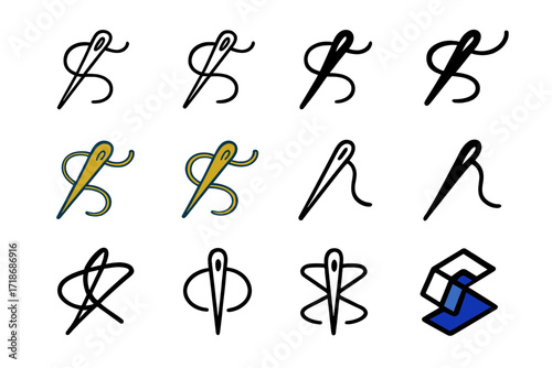 Handicraft Logo Set. Set Logo of Handicrafts: Needle and Thread. Logo set in vector style, emblematic variations. line, bold thick line, solid black filled,