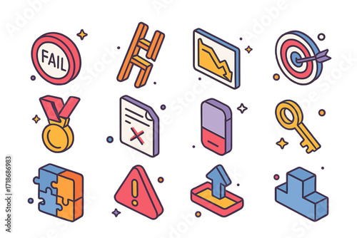 Failure Icons Set. Colorful isometric vector icons set of Failure experiences: fail stamp, broken ladder, down arrow chart, missed target, bent medal, ruined