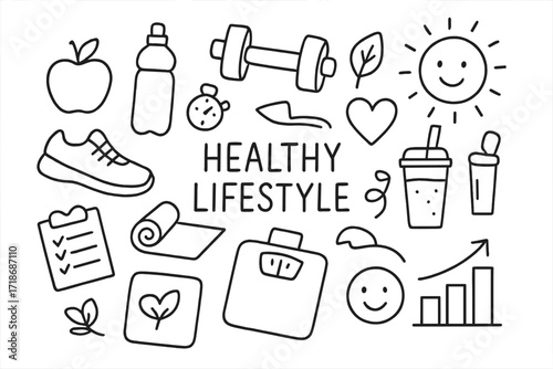Healthy Living Doodles. Hand-drawn doodle illustration Healthy lifestyle habits [apple, water bottle, dumbbell, yoga mat, running shoe, stopwatch, heart, leaf,