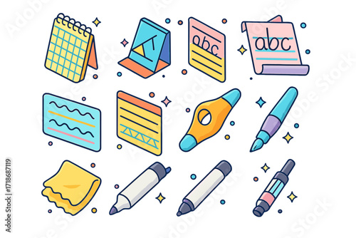 Calligraphy Tools Icons. Colorful isometric vector icons set of Calligraphy practice essentials: grid-lined pad, slant angle guide, lowercase practice sheet,