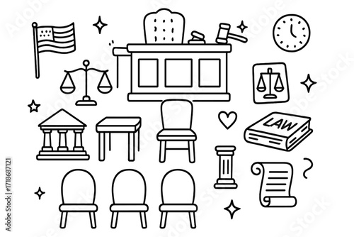 Courtroom Doodle Art. Hand-drawn doodle illustration Courtroom with empty chairs [judge?s bench, gavel, scales of justice, empty chair, table, law book, clock,