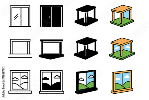 Indoor-Outdoor Icon Set. Icon Set of Indoor-outdoor flow basics: sliding glass door, open patio, garden view window. Icons set in vector style, emblematic