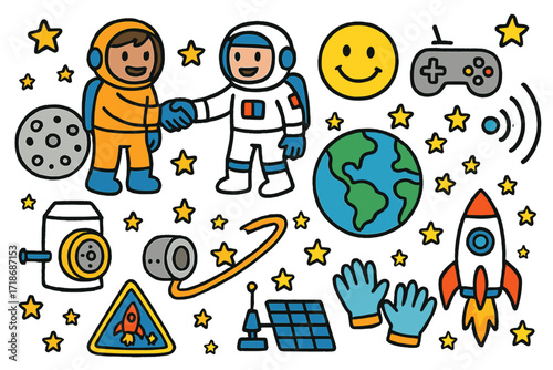 Space Mission Doodle. Colorful Hand-drawn doodle Children illustration Space teamwork astronaut team, handshake, smiley face, control pad, capsule, docking