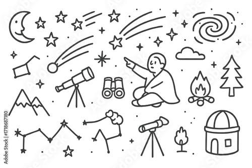 Stargazing Doodle Adventure. Hand-drawn doodle illustration stargazing during meteor shower telescope, binoculars, stars, moon, comet, person pointing,