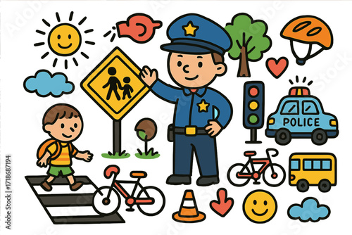 Playful Traffic Guidance. Colorful Hand-drawn doodle Children illustration Officers guiding traffic [police officer, crosswalk sign, whistle, patrol car,