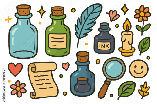 Vintage Bottles and Icons. Colorful Hand-drawn doodle Children illustration vintage glass bottles old bottle, cork, handwritten label, feather, ink bottle,