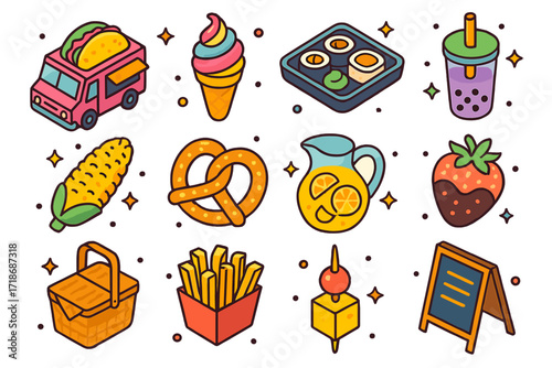 Summer Food Festival Icons. Colorful isometric vector icons set of summer food festival fun: taco truck, ice cream cone, sushi tray, bubble tea cup, grilled