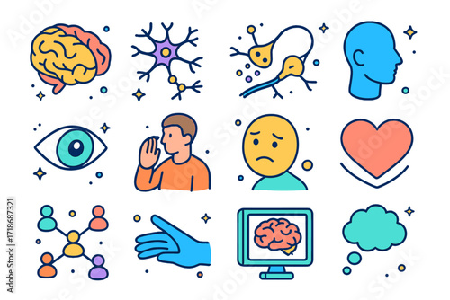 Isometric Mirror Neurons. Mirror Neurons. Colorful isometric vector icons set of mirror neurons: brain illustration, neuron network, firing synapse, human