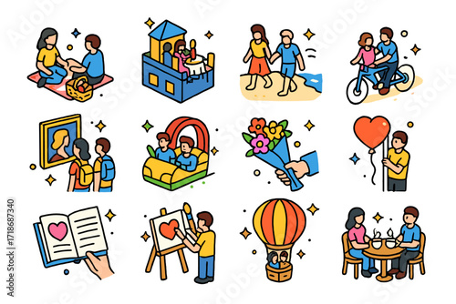 Romantic Date Icons. Colorful isometric vector icons set of romantic date ideas: picnic in park, rooftop dinner, beach stroll, bike ride, museum visit,