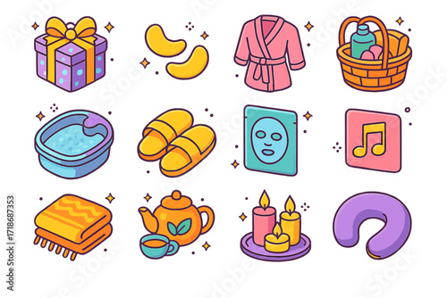 Luxury Spa Icons. Colorful isometric vector icons set of luxury spa amenities: spa gift box, eye gel pads, silk robe, spa basket, foot spa basin, folded