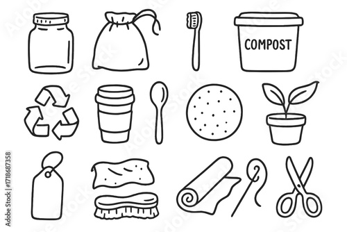 Zero-Waste Essentials Icons. Hand-drawn doodle illustration [zero-waste home decor] [jar, cloth bag, bamboo toothbrush, compost bin, recycling icon, reusable